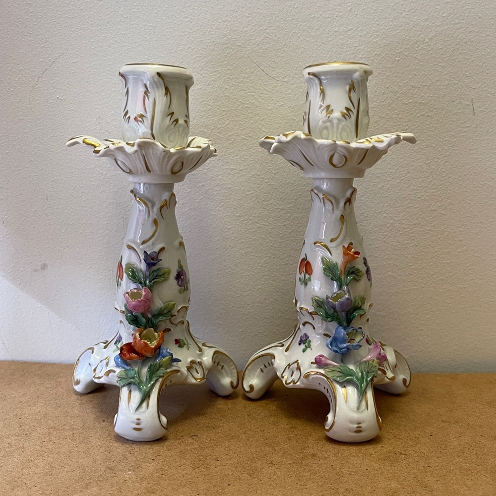Pairs of Dresden Porcelain German Candleholders candle sticks with 3D Flowers